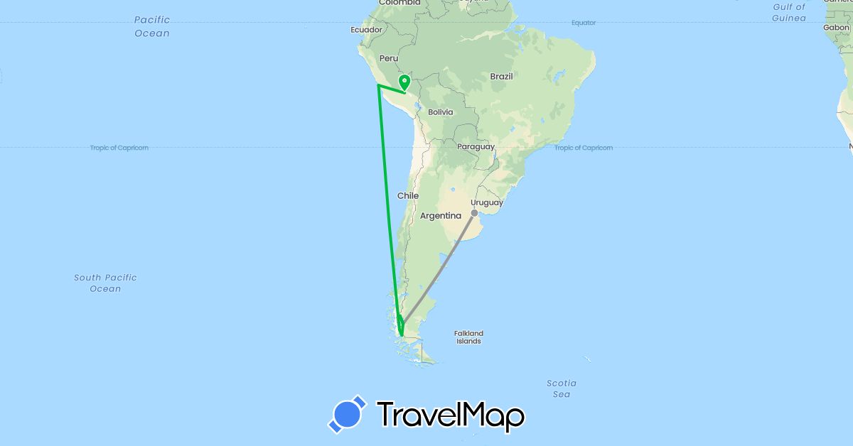 TravelMap itinerary: driving, bus, plane in Argentina, Chile, Peru (South America)